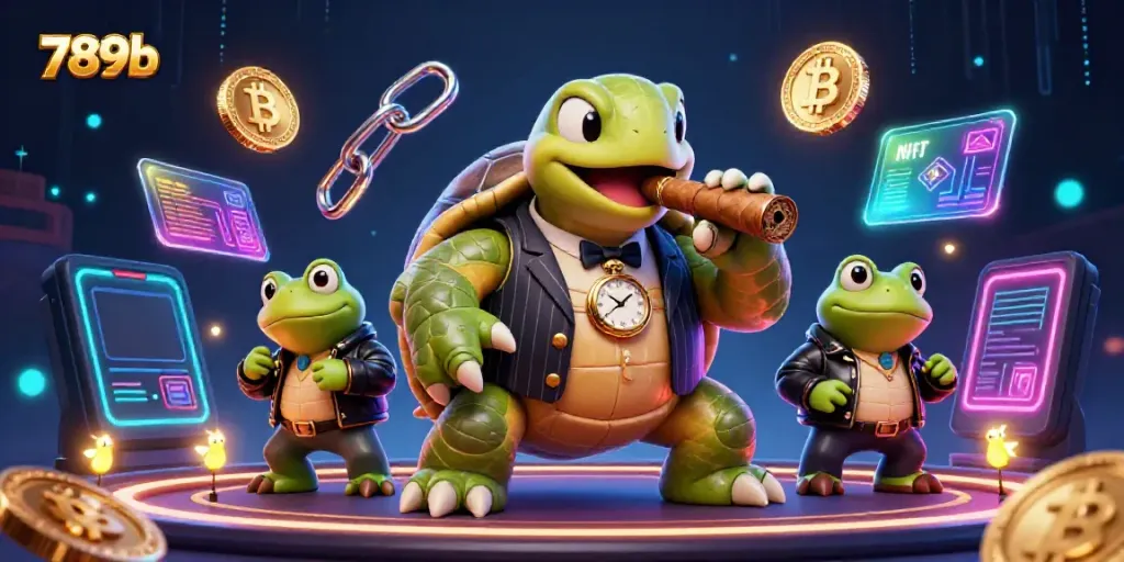 Engage in thrilling gameplay at 789b with a vibrant casino scene featuring animated characters and cryptocurrency themes.