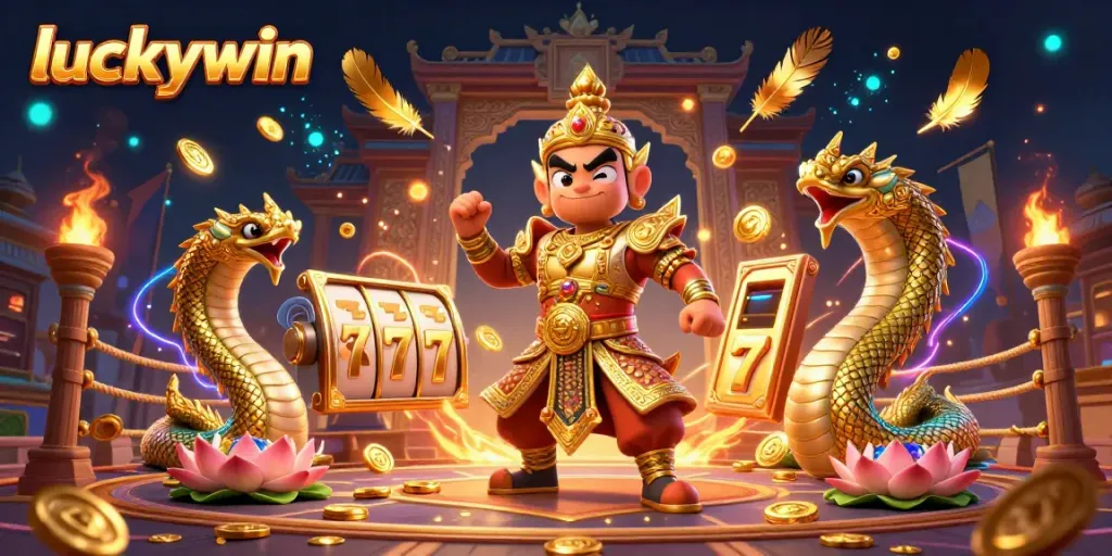 Experience thrilling slots action with luckywin in a vibrant 3D casino atmosphere, featuring a golden guardian and Naga serpents.