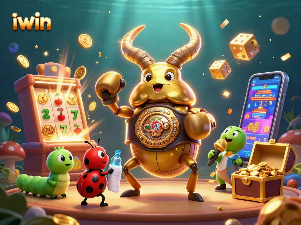 Engage with iwin fun, featuring a giant beetle and ladybug in a vibrant casino scene.