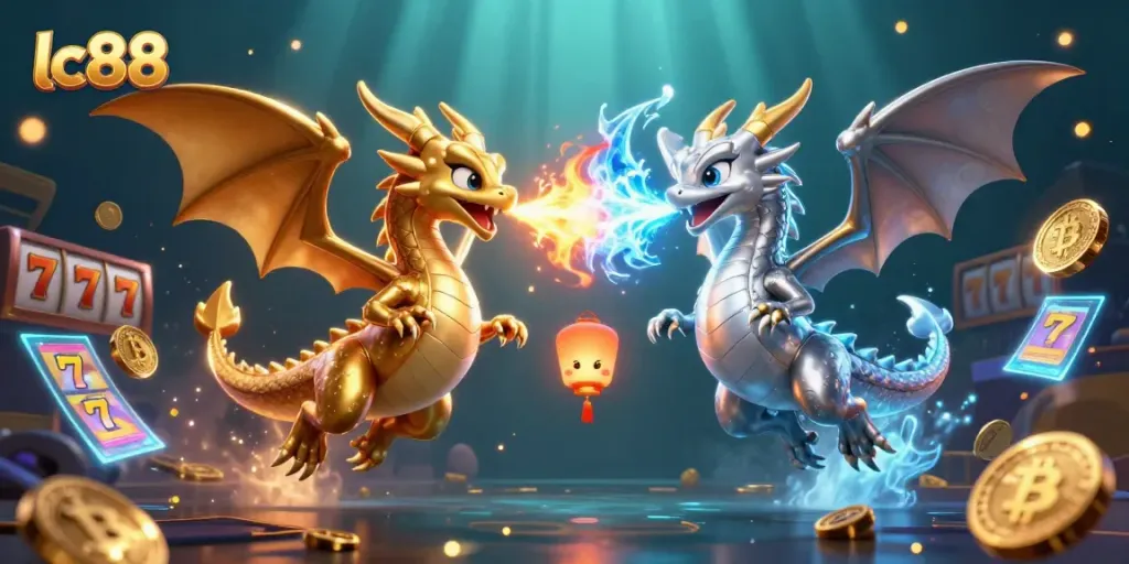 Engage with lc88's thrilling slot games amid dragons and glowing crypto elements.