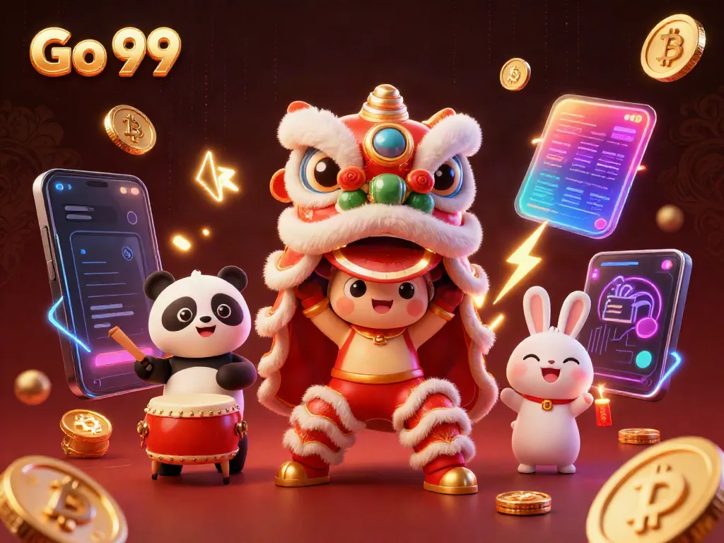 Engage with Go 99's vibrant casino universe featuring a lion dance and rich symbols of fortune.
