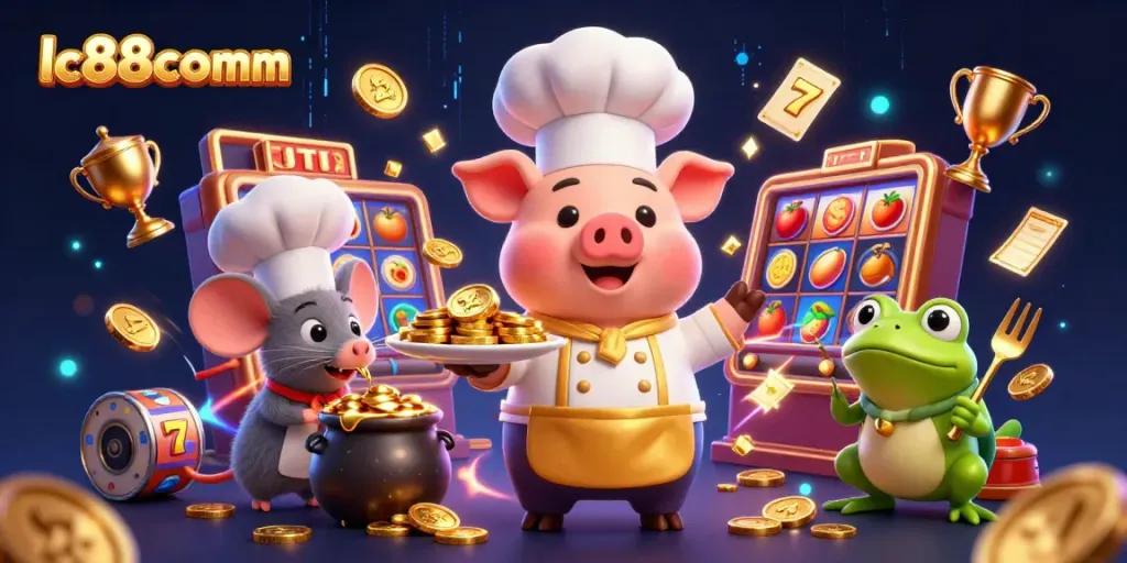 lc88comm showcases a vibrant casino scene with a chef pig serving gold coins while dynamic slots and jackpots surround them.