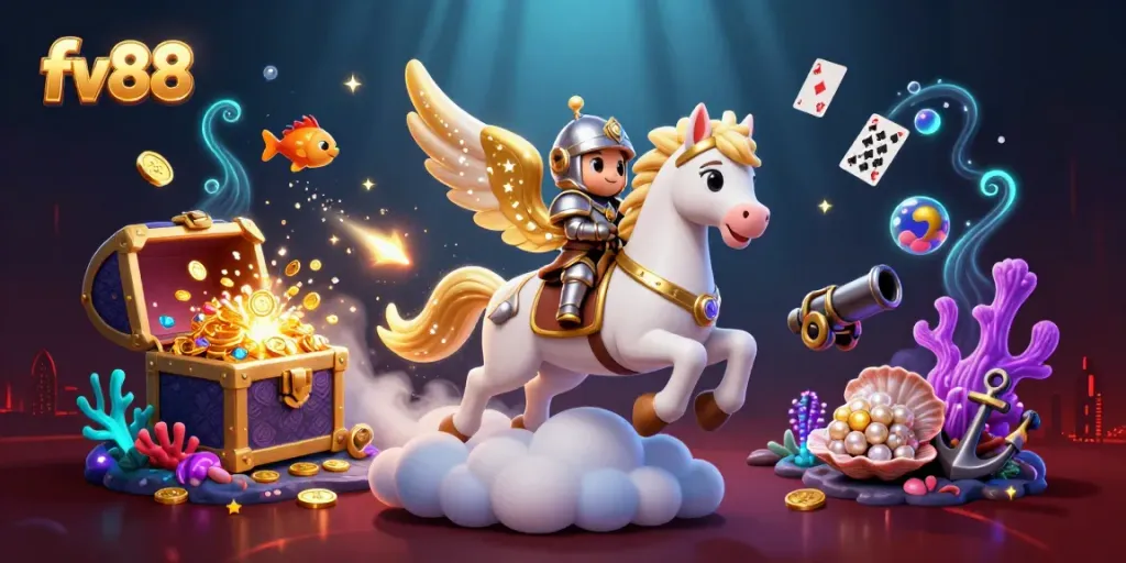 Experience thrilling adventures with fv88 in a vibrant, detailed casino-themed fantasy scene, showcasing interactive games.