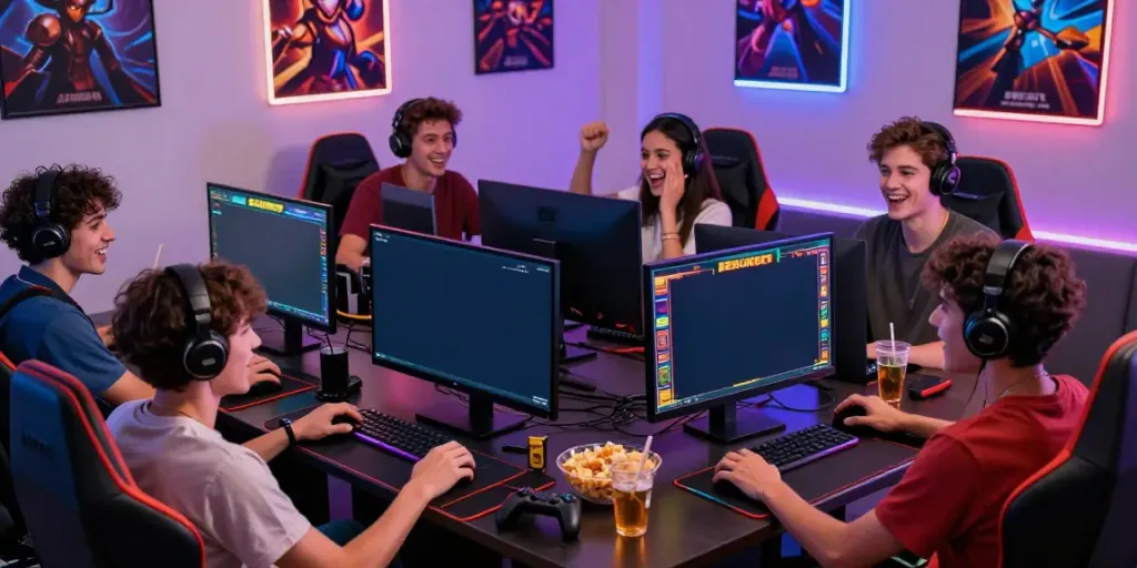 Friends enjoying JERUKBET slot games together in a vibrant gaming room.