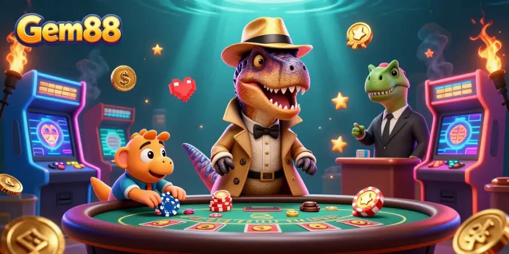 Experience Gem88's thrilling gaming atmosphere with vibrant characters and dynamic casino elements.
