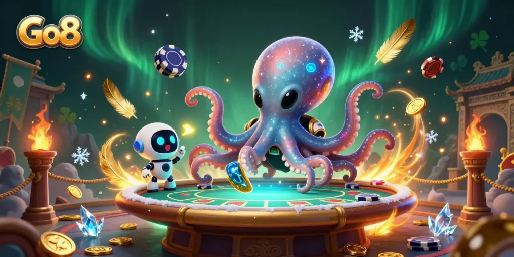 Go8 showcases an alien octopus at a holographic poker table surrounded by vibrant casino elements.