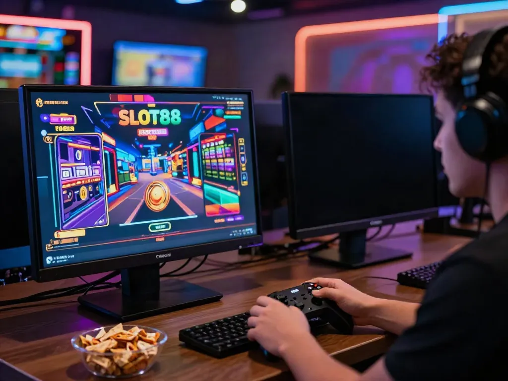 Engaging gamer playing slot88 on dual screens in a vibrant setting.