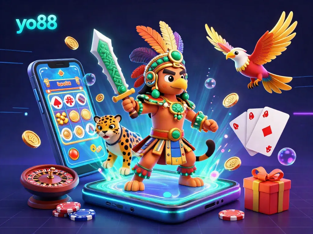 Experience thrilling gameplay at yo88 with a vivid scene featuring Aztec warriors and casino elements.