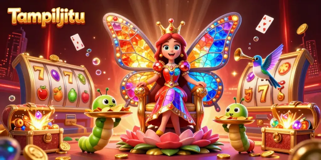 Experience vibrant gameplay excitement with Tampiljitu's butterfly queen in a stunning casino setting.