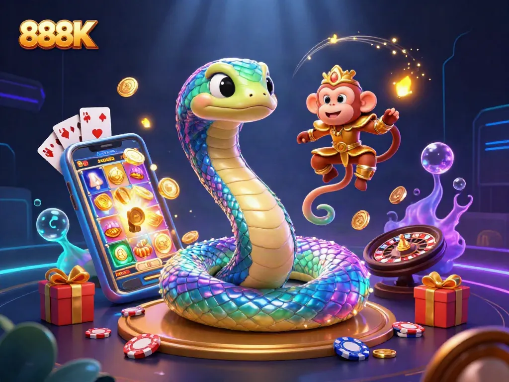 Experience the vibrant world of 888K with the rainbow serpent and monkey king in action.