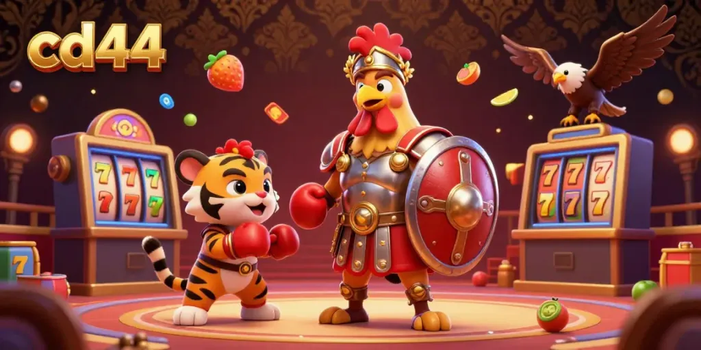 Experience the thrill of cd44 with a gladiator rooster and vibrant casino elements in action.