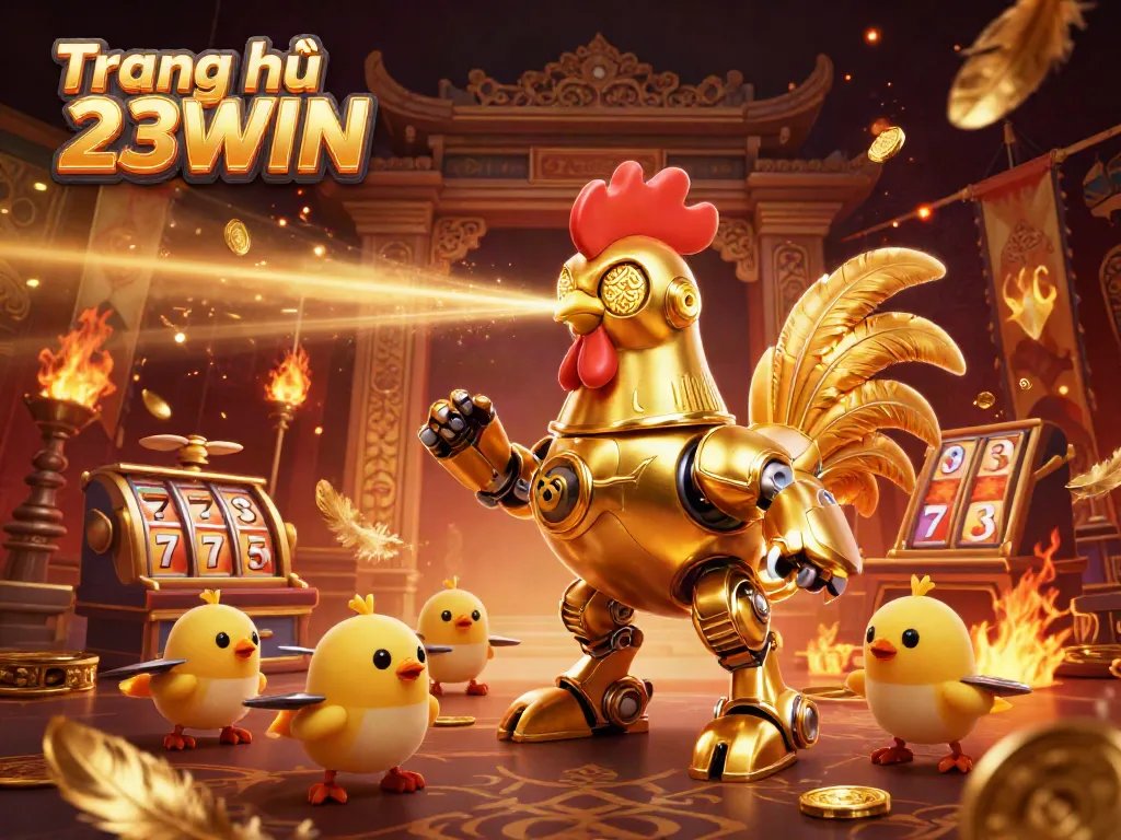 Experience the vibrant energy of Trang chủ 23WIN with a golden rooster robot in an engaging casino scene.