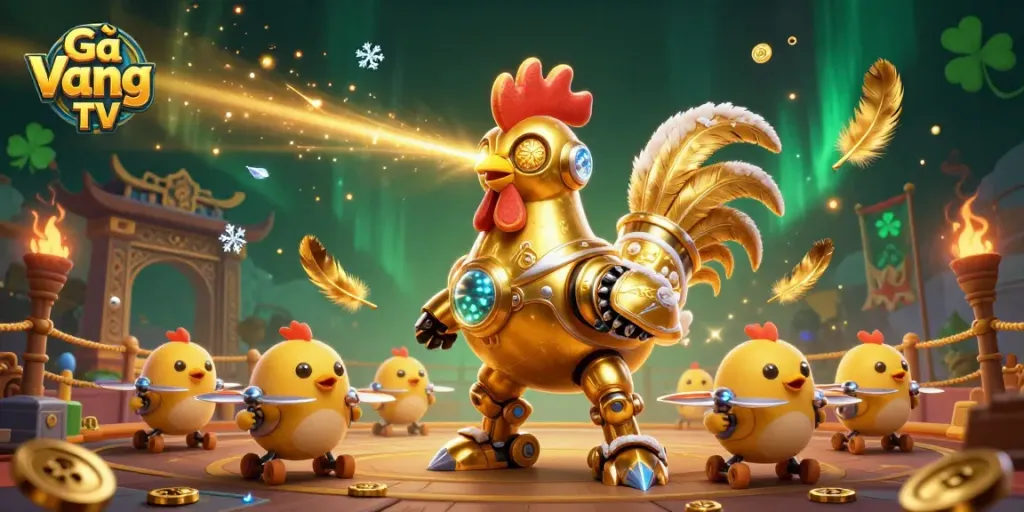 Experience the excitement of Gà Vàng TV with vibrant action in a packed 3D illustration.