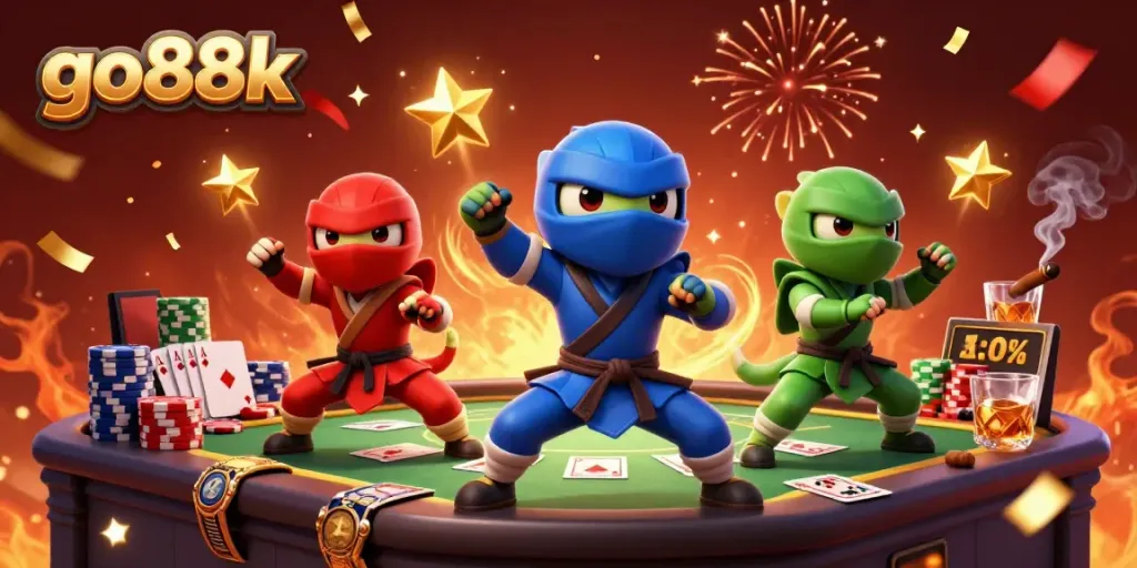 Experience thrilling action with go88k as ninja chameleons ace their strategy on a vibrant virtual poker table.