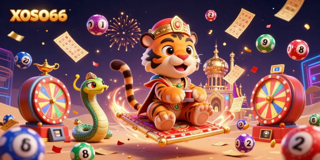 Engage with XOSO66 in a vibrant 3D scene featuring a tiger sultan on a poker chip carpet amidst lottery balls and gold.