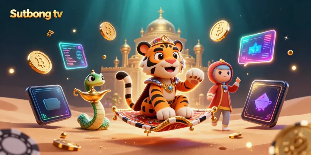 Experience Sutbong tv with a colorful 3D scene featuring a tiger sultan, magic lamp, and crypto coins.