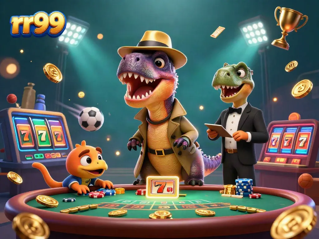 rr99 themed casino illustration with dinosaurs playing blackjack, dynamic elements