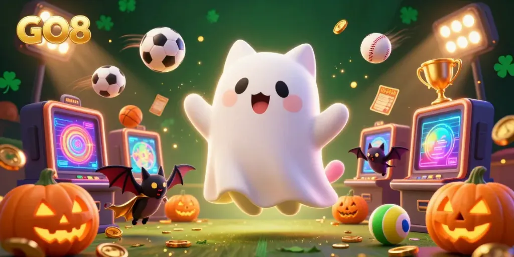 Engage with GO8's online casino where a ghost cat and bat enjoy a vibrant game atmosphere.