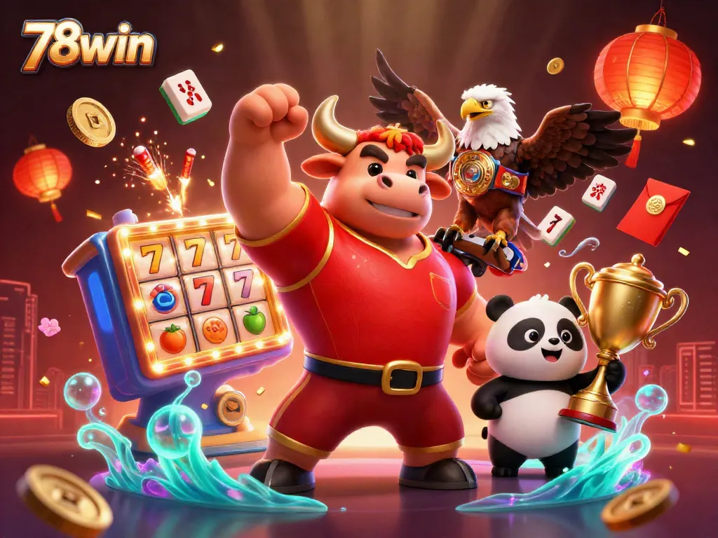 Experience excitement at 78win with our animated scene showcasing thrilling slot games and fun characters.
