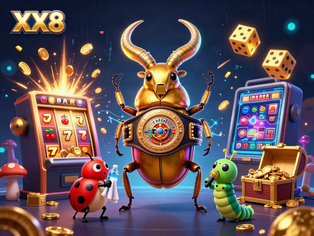 Engage in thrilling games at XX8 with a vibrant 3D casino scene featuring animated characters and jackpot elements.