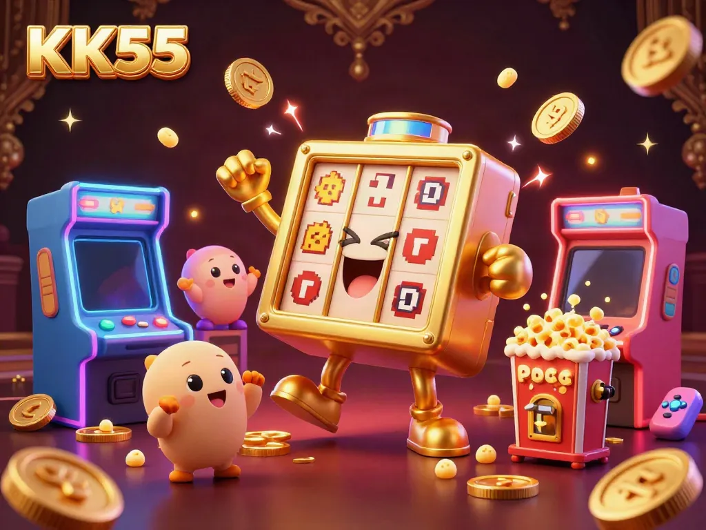KK55 slot machine character celebrating a jackpot, surrounded by colorful arcade game elements.