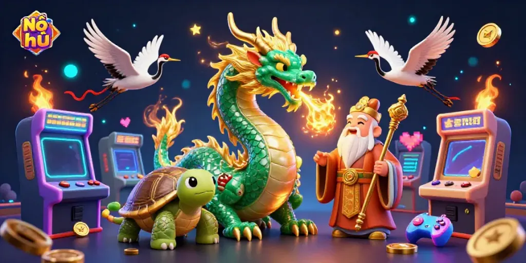 Spin the Nổ hũ reels with vivid 3D art of a sapphire dragon amidst thrilling arcade elements and lucky cranes.
