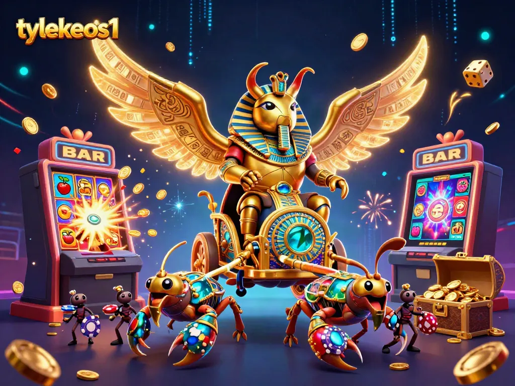Experience thrilling action with tylekeos1's 3D casino scene featuring a colossal golden scarab in pharaoh armor amidst dynamic gaming elements.