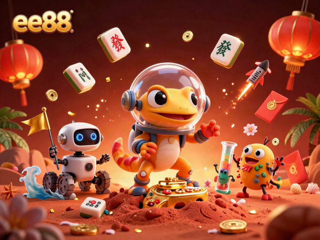 Experience the excitement of ee88 casino with a Martian gecko discovering treasures in a vibrant scene.