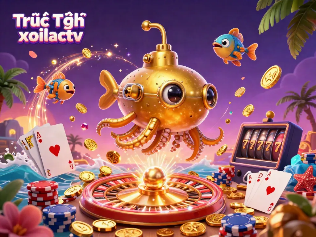 Experience Trực Tiếp xoilactv with the lively golden kraken submarine in a treasure of cascading coins and vibrant casino elements.
