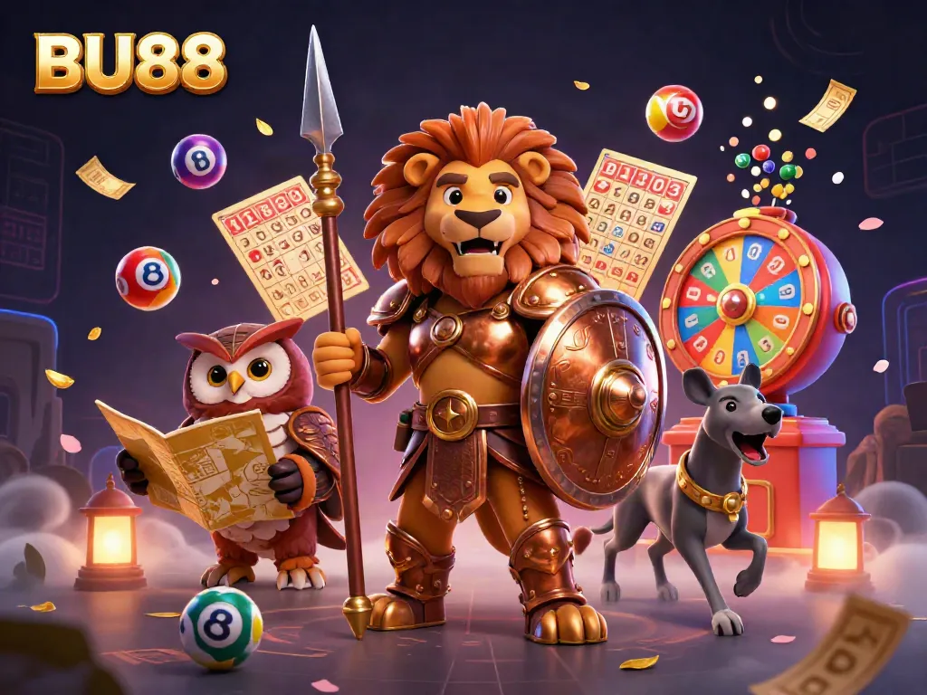 Experience BU88 with a 3D Spartan lion, owl, and greyhound amidst vibrant lottery elements.
