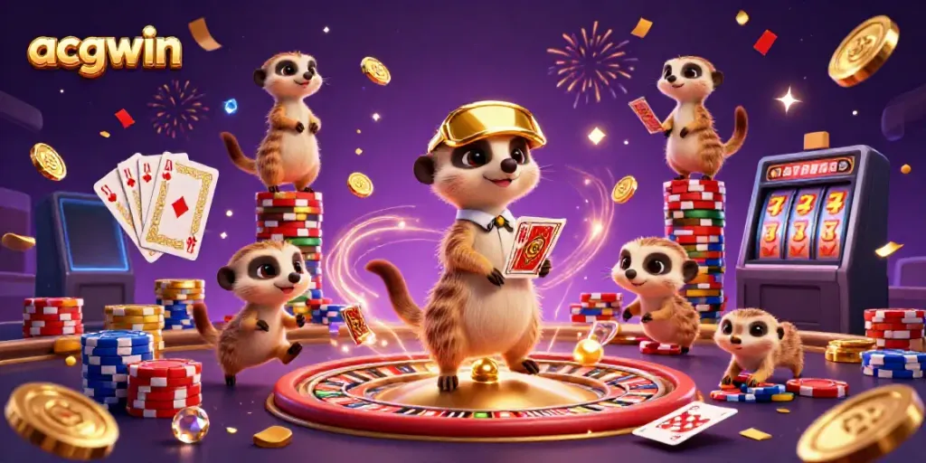 Experience acgwin's exciting casino adventure with a vibrant meerkat scene showcasing cards, chips, and roulette