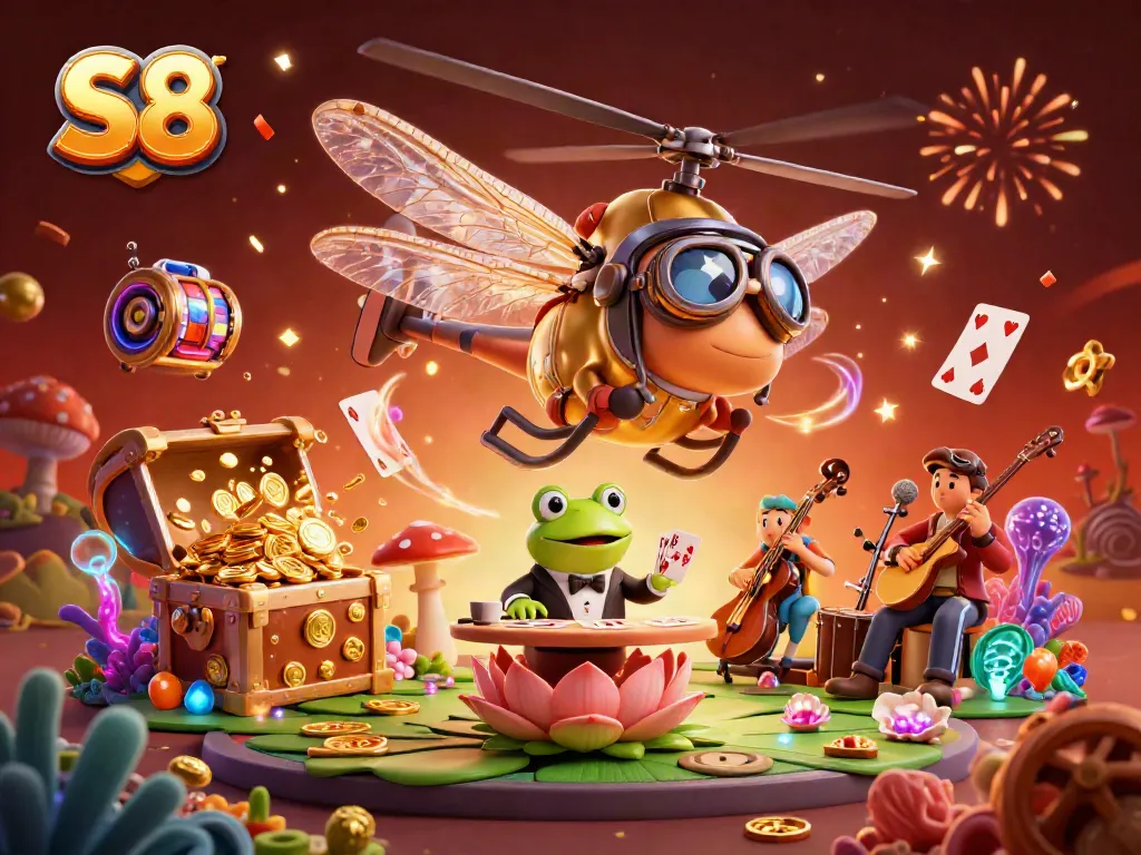 Experience thrilling gameplay with S8 at this vibrant 3D casino scene featuring a dragonfly pilot and frog dealer.