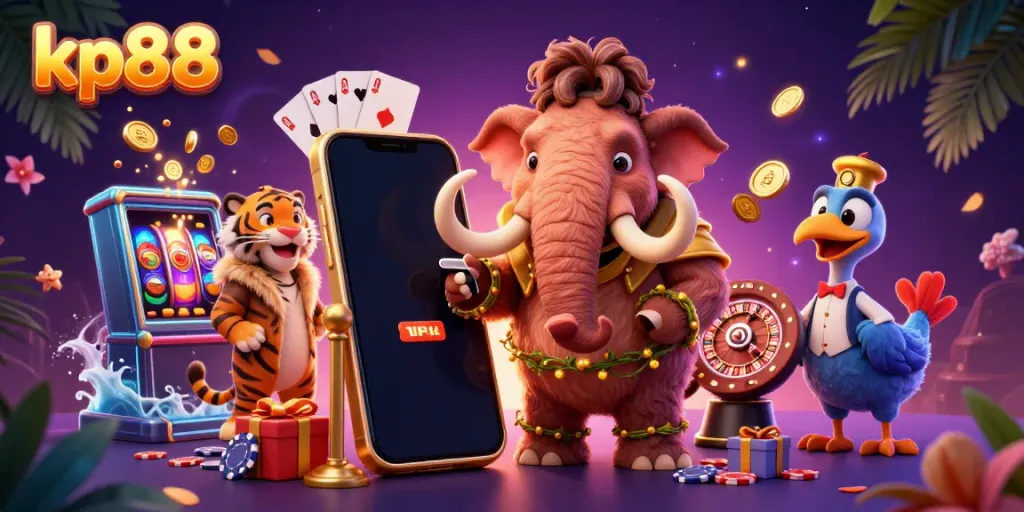 Experience kp88's vibrant casino atmosphere with a cartoon mammoth bouncer checking IDs amid dynamic gaming elements.