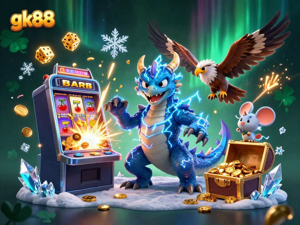 Engage with gk88's exciting slots and treasures in a dynamic 3D casino illustration