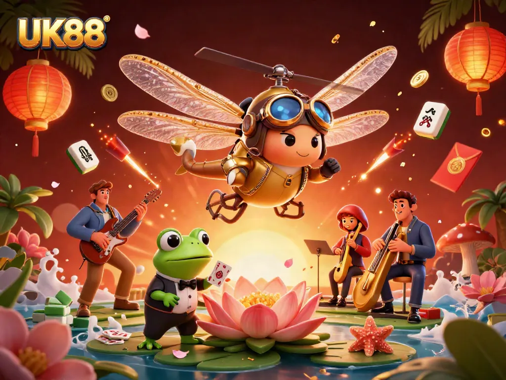 Experience vibrant gaming action with UK88, featuring a dragonfly pilot and lively casino scene.