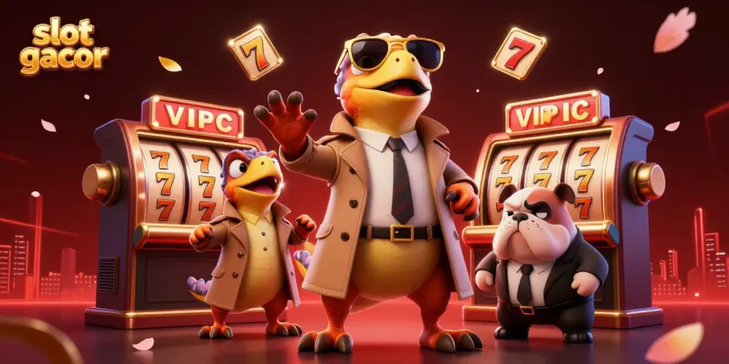 Raptor berkostum trenchant mencoba masuk ke lounge kasino VIP dengan suasana slot gacor yang megah.