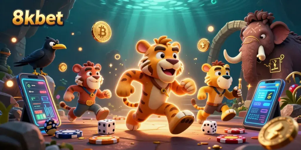 Experience the dynamic world of 8xbet with cavemen and sabertooth tigers in a casino setting.