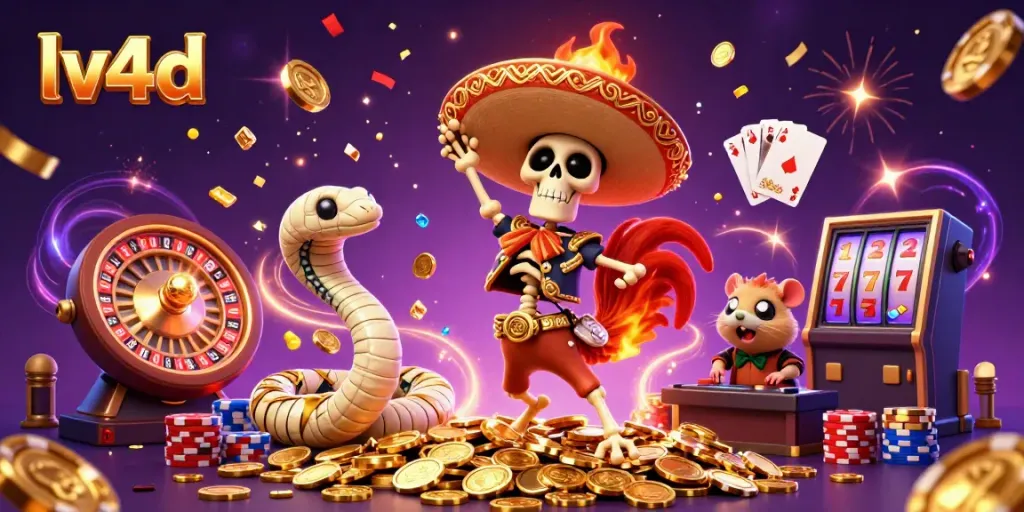 Enjoy a lively lv4d gaming scene featuring vibrant characters and casino elements celebrating big wins.
