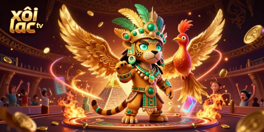 A dynamic gambling scene featuring xôi lạc tv with a Mayan jaguar priest, quetzal bird, and golden coins.
