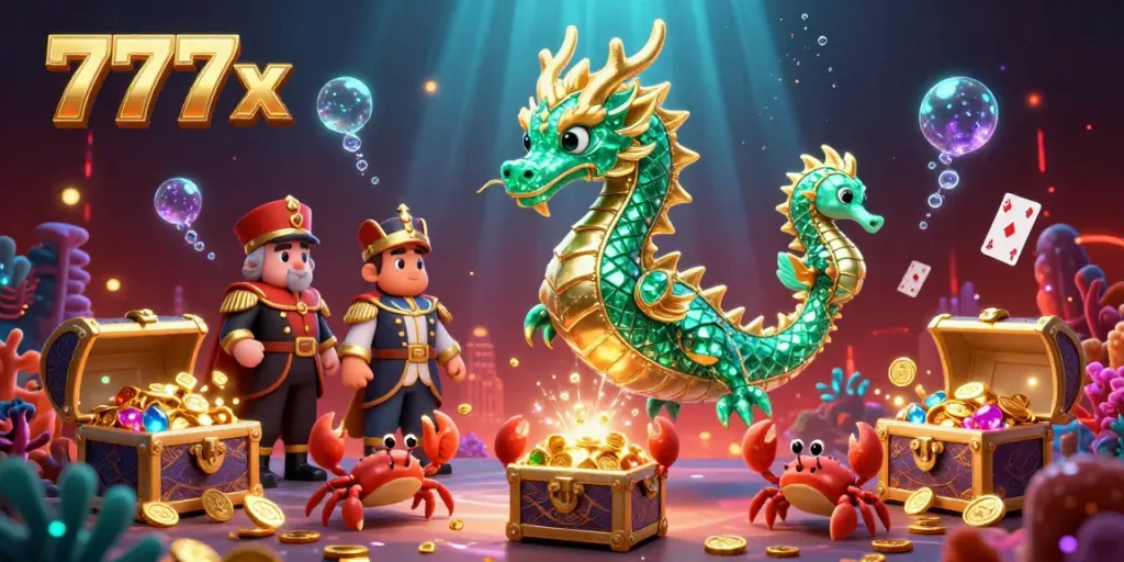 Experience the thrilling underwater adventure at 777x, featuring a vibrant sea dragon amidst shining treasure.