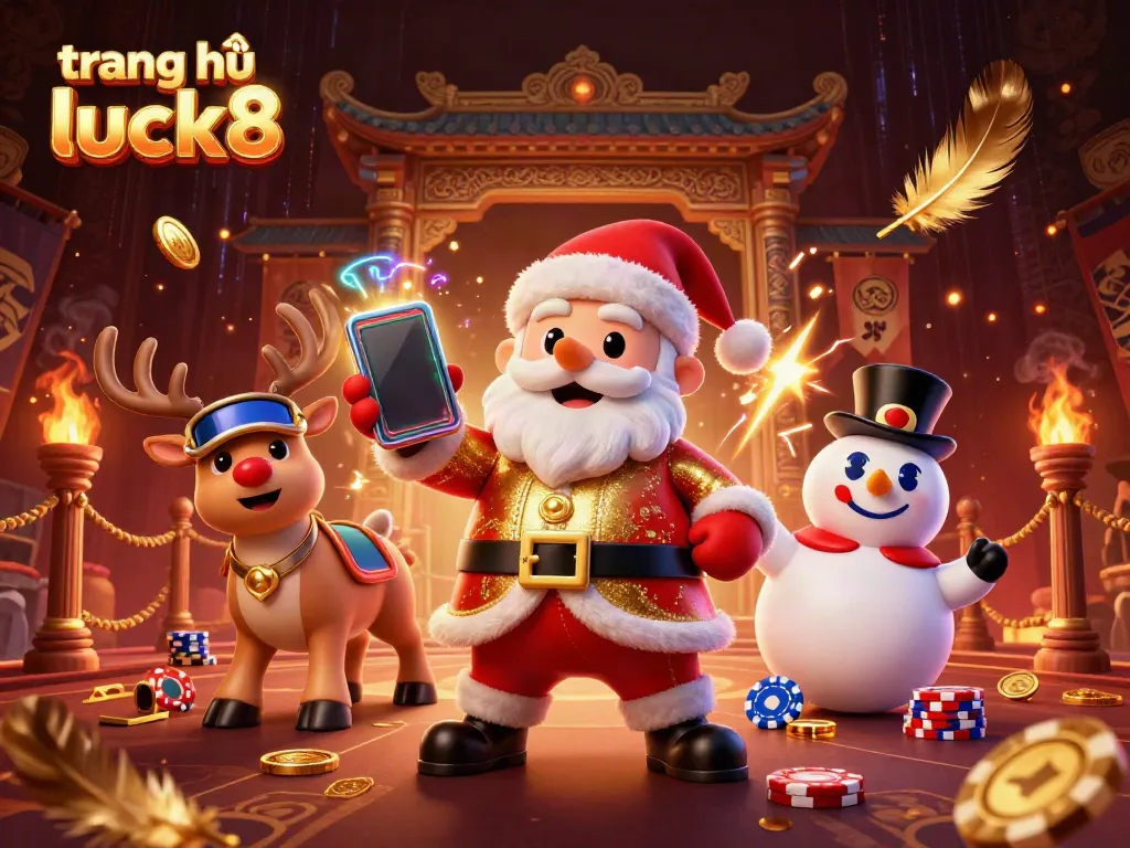 Experience excitement at trang chủ luck8 with Santa, his reindeer dealer, and a poker chip snowman amidst casino themes.