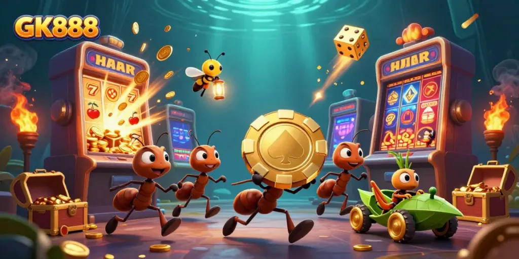 Experience adventure in GK888 as cartoon ants steal a giant poker chip amidst slot machines and vibrant casino action.