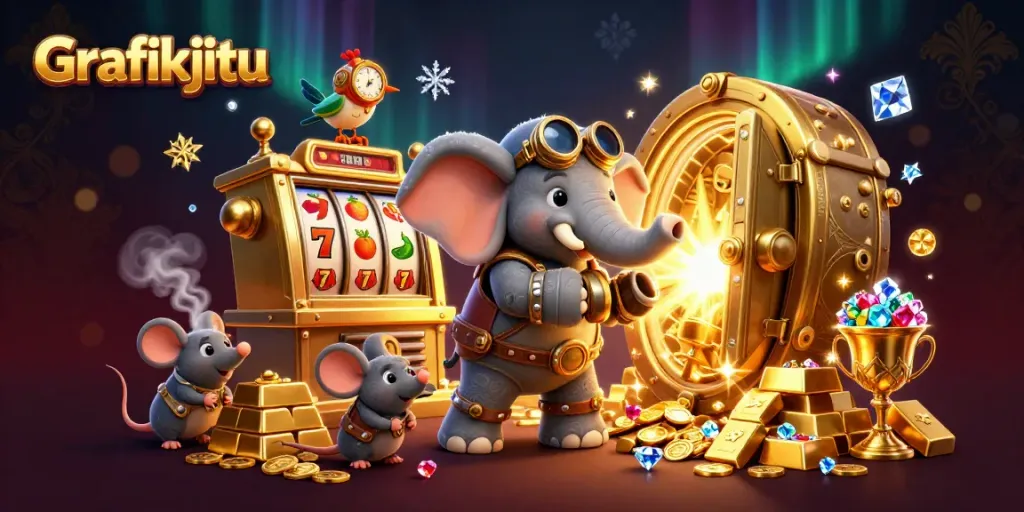 Grafikjitu slot machine action with steampunk elements and treasures bursting from vault.