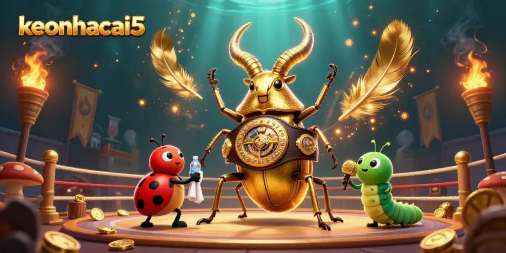 Experience the excitement of keonhacai5 with a vibrant betting arena scene featuring a giant golden stag beetle.