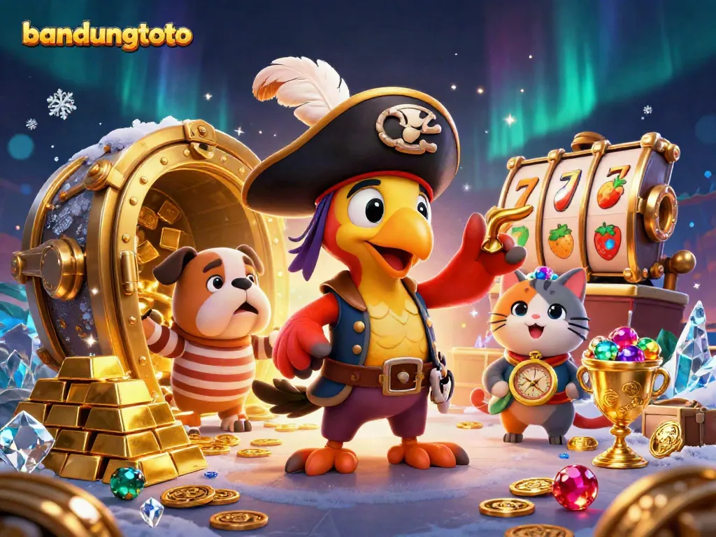 Experience the thrill of bandungtoto with a pirate captain and bulldog exploring treasure in a vibrant casino scene.