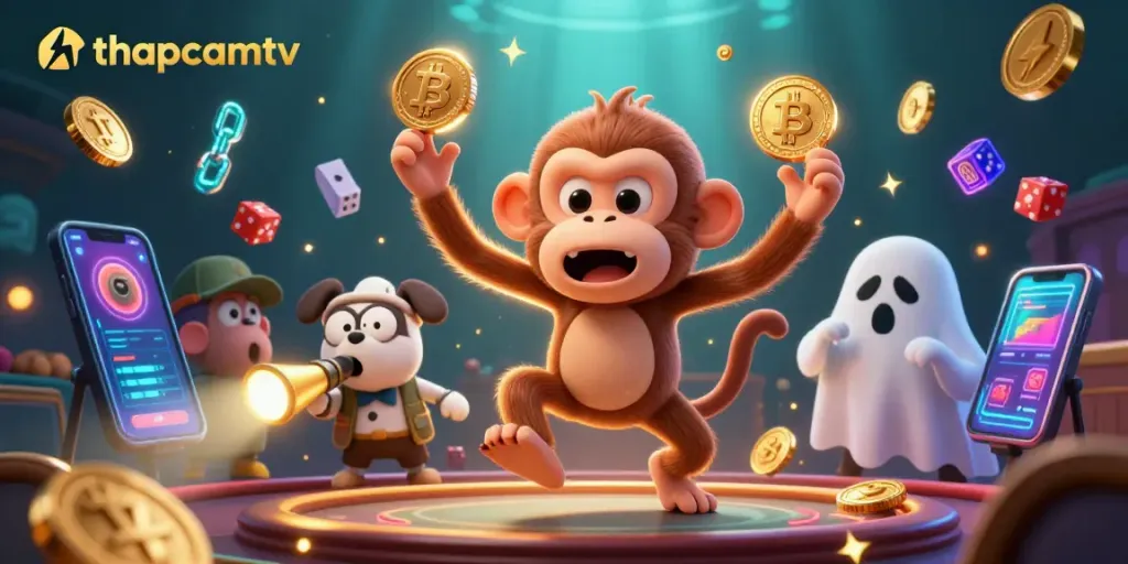 Engage with thrilling gambling vibes at thapcamtv, featuring a playful poltergeist monkey in a haunted casino.