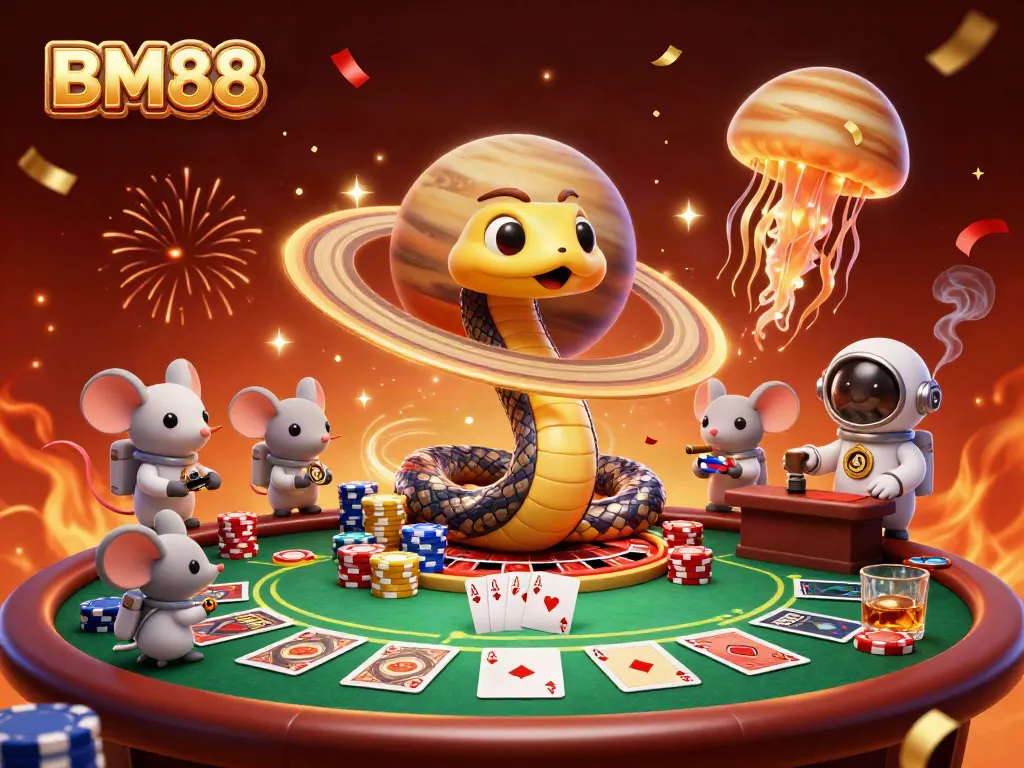 BM88 showcases vibrant gaming action with a cosmic dealer and betting mice in a stunning scene.