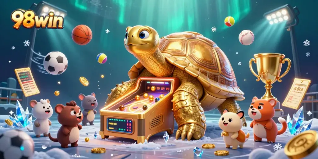 Experience the excitement of gambling at 98win with vibrant golden tortoise and dynamic sports elements.