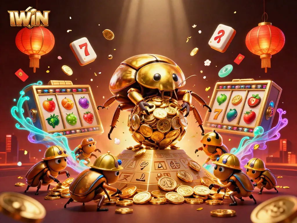 IWIN embodies excitement with a golden dung beetle rolling coins amidst vivid slot elements.