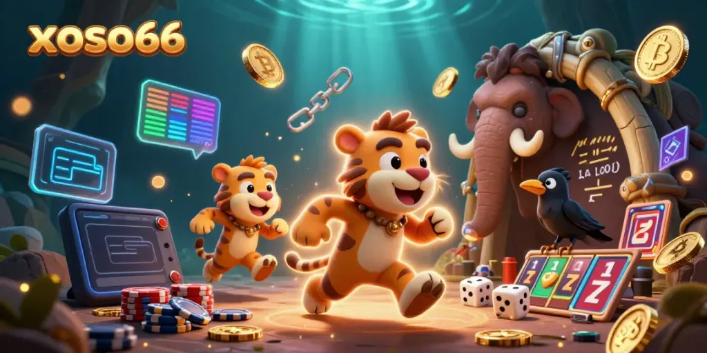 Engage with a lively prehistoric casino scene featuring xoso66's unique characters and gambling elements.